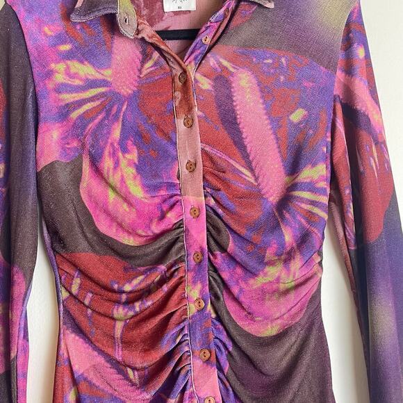 With Jean With x Lord Newry Andy Mini Dress Ruched flower lady Purple SizE XS - Picture 3 of 8